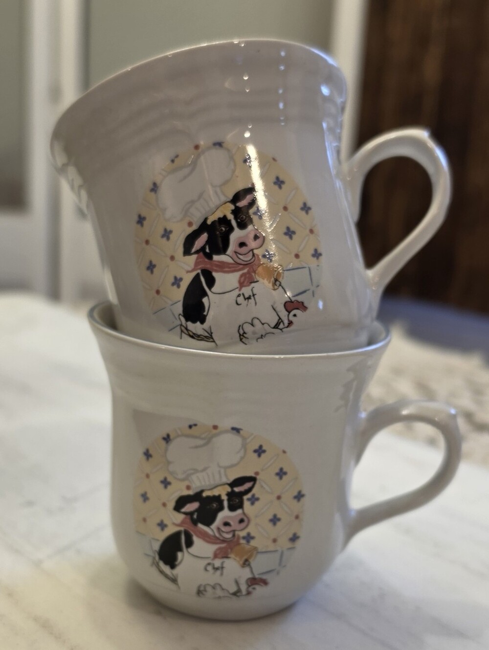 Vtg 1994 Newcor Kitchen Kow Mugs Set 2 Chef Cow Ceramic Stoneware Coffee Cups